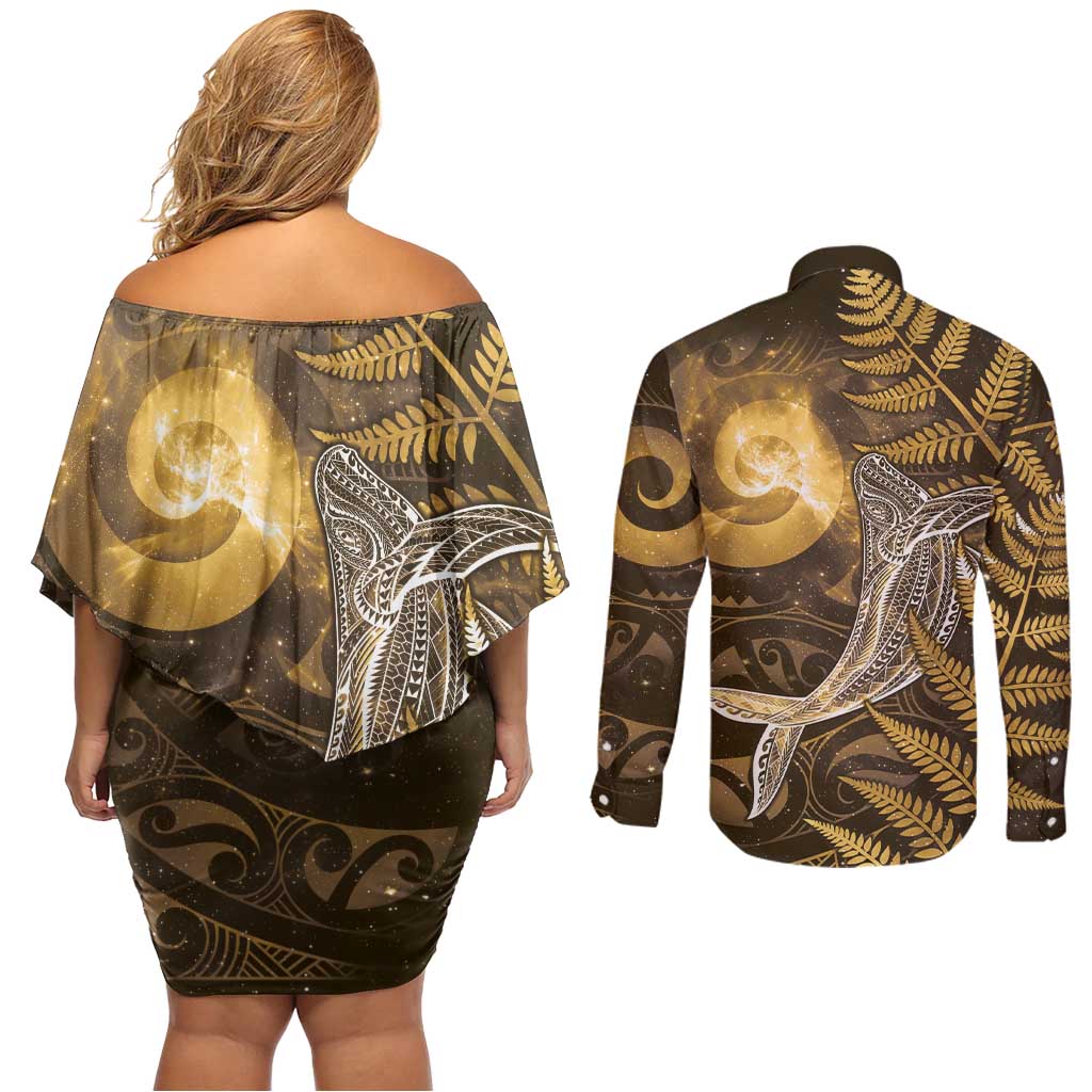 New Zealand Matariki Couples Matching Off Shoulder Short Dress and Long Sleeve Button Shirt Maori Koru With Humpback Whale Gold