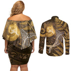 New Zealand Matariki Couples Matching Off Shoulder Short Dress and Long Sleeve Button Shirt Maori Koru With Humpback Whale Gold