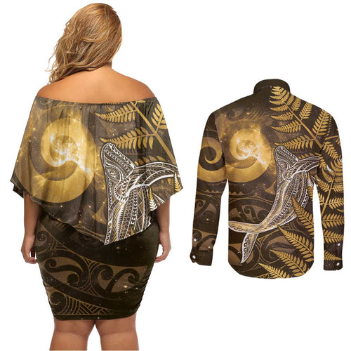 New Zealand Matariki Couples Matching Off Shoulder Short Dress and Long Sleeve Button Shirt Maori Koru With Humpback Whale Gold