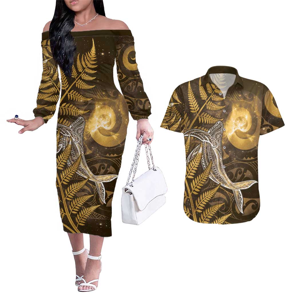 New Zealand Matariki Couples Matching Off The Shoulder Long Sleeve Dress and Hawaiian Shirt Maori Koru With Humpback Whale Gold