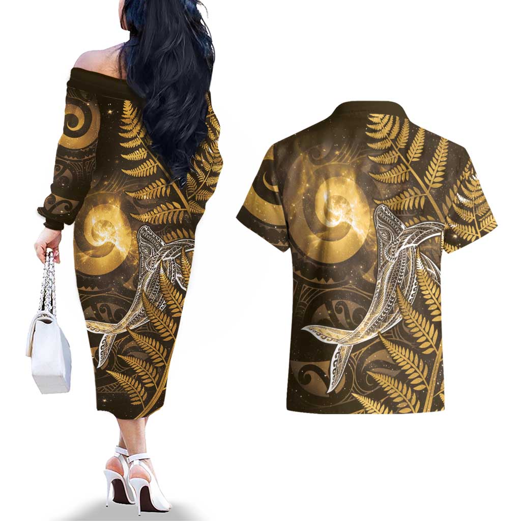 New Zealand Matariki Couples Matching Off The Shoulder Long Sleeve Dress and Hawaiian Shirt Maori Koru With Humpback Whale Gold