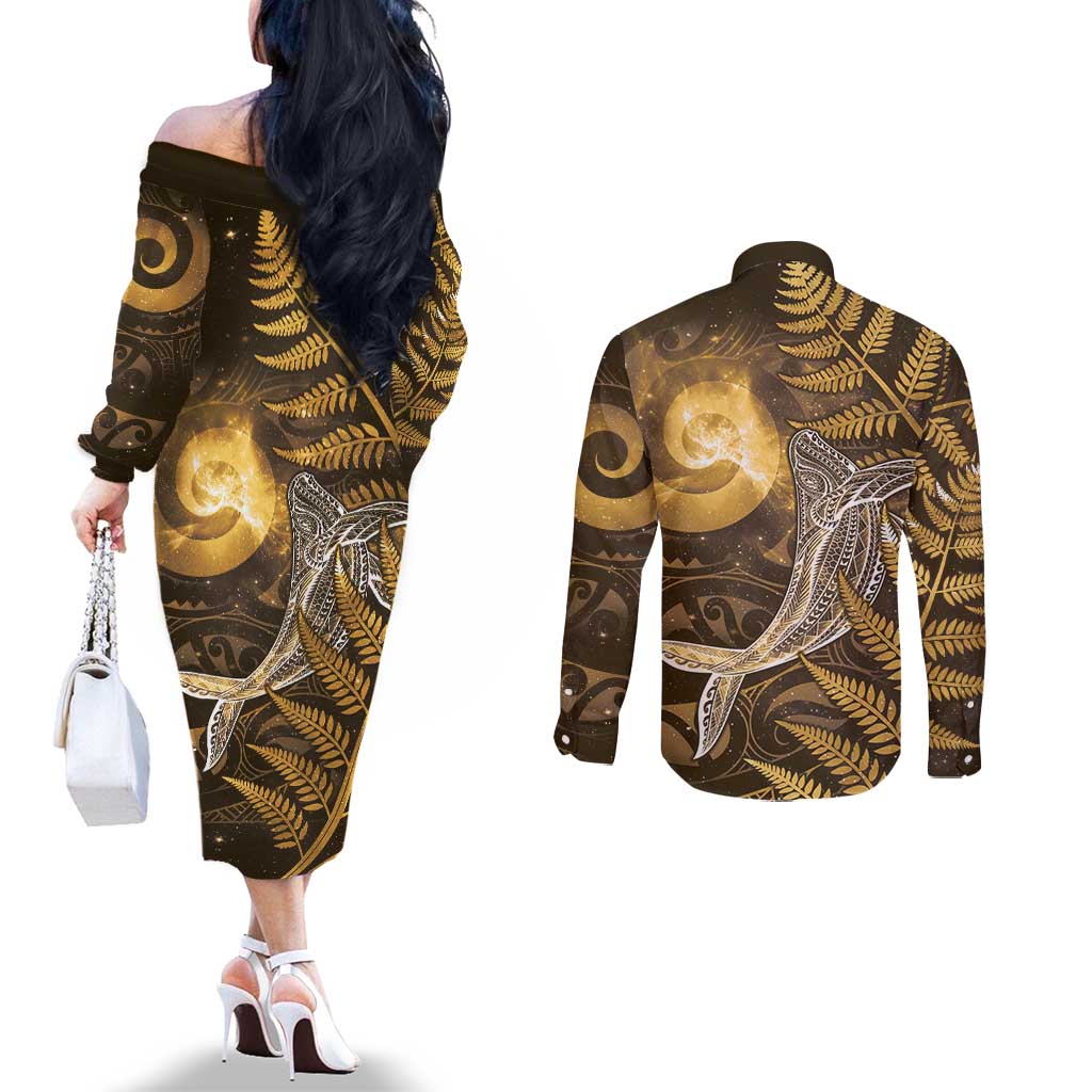 New Zealand Matariki Couples Matching Off The Shoulder Long Sleeve Dress and Long Sleeve Button Shirt Maori Koru With Humpback Whale Gold