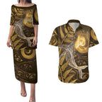New Zealand Matariki Couples Matching Puletasi and Hawaiian Shirt Maori Koru With Humpback Whale Gold