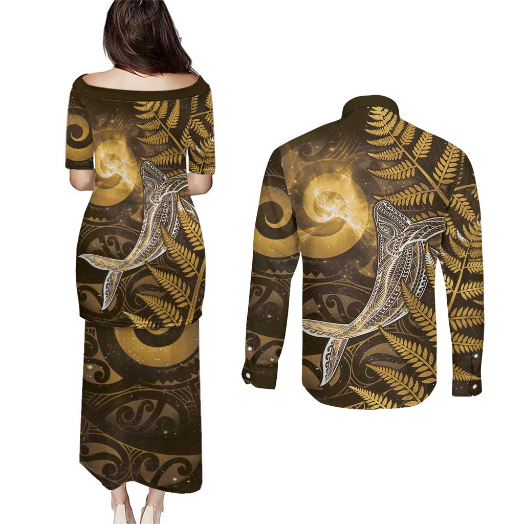 New Zealand Matariki Couples Matching Puletasi and Long Sleeve Button Shirt Maori Koru With Humpback Whale Gold