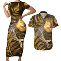 New Zealand Matariki Couples Matching Short Sleeve Bodycon Dress and Hawaiian Shirt Maori Koru With Humpback Whale Gold