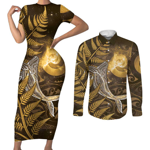 New Zealand Matariki Couples Matching Short Sleeve Bodycon Dress and Long Sleeve Button Shirt Maori Koru With Humpback Whale Gold