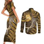 New Zealand Matariki Couples Matching Short Sleeve Bodycon Dress and Long Sleeve Button Shirt Maori Koru With Humpback Whale Gold
