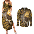 New Zealand Matariki Couples Matching Summer Maxi Dress and Long Sleeve Button Shirt Maori Koru With Humpback Whale Gold