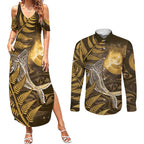 New Zealand Matariki Couples Matching Summer Maxi Dress and Long Sleeve Button Shirt Maori Koru With Humpback Whale Gold