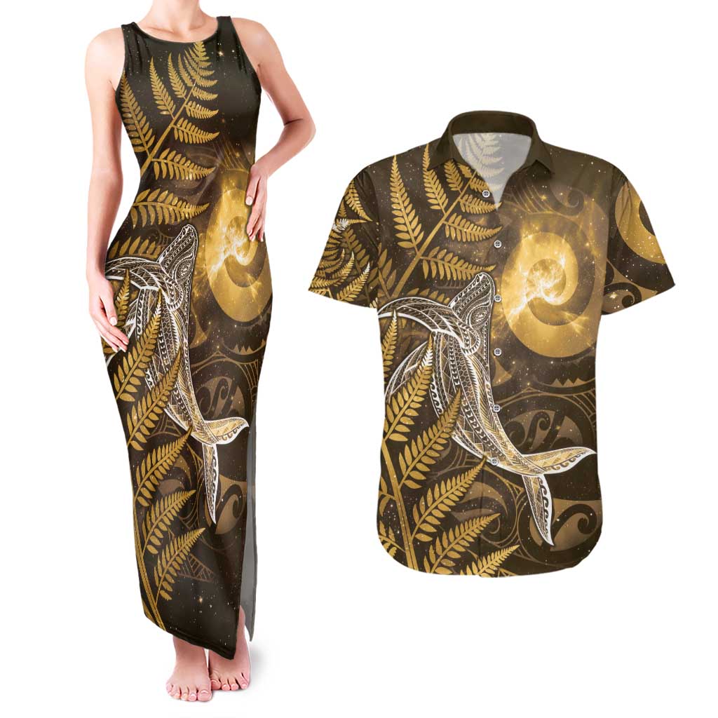 New Zealand Matariki Couples Matching Tank Maxi Dress and Hawaiian Shirt Maori Koru With Humpback Whale Gold