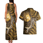 New Zealand Matariki Couples Matching Tank Maxi Dress and Hawaiian Shirt Maori Koru With Humpback Whale Gold