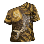 New Zealand Matariki Cross Shoulder Shirt Maori Koru With Humpback Whale Gold