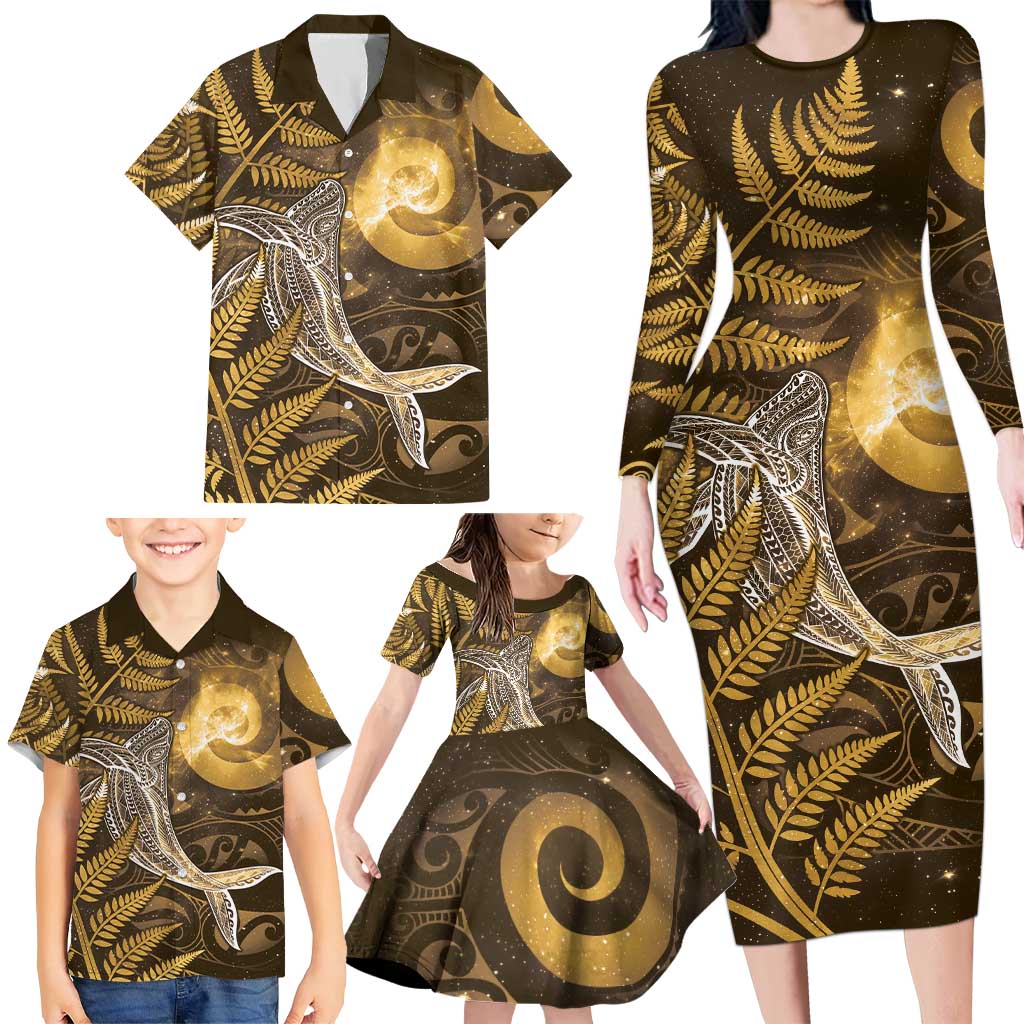 New Zealand Matariki Family Matching Long Sleeve Bodycon Dress and Hawaiian Shirt Maori Koru With Humpback Whale Gold
