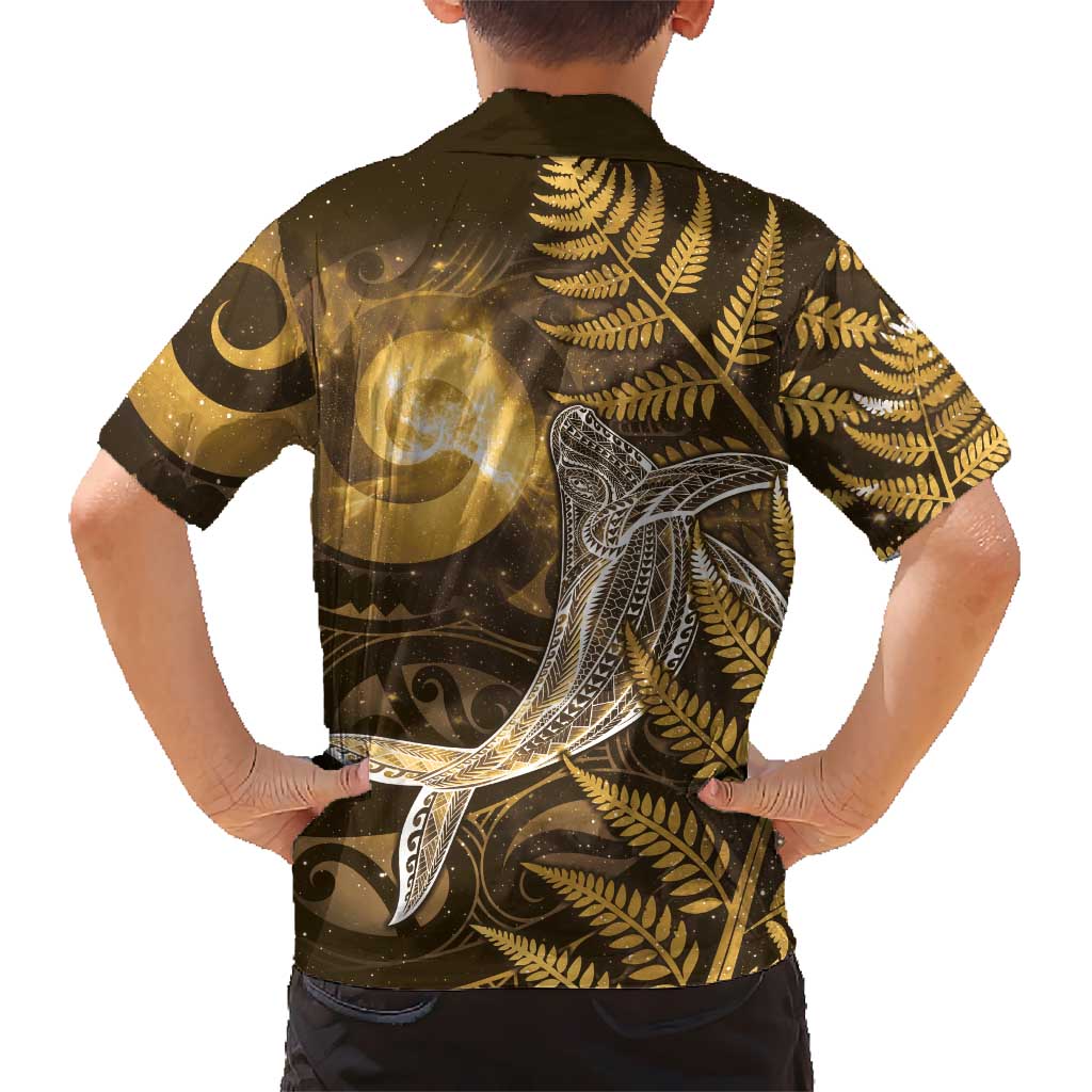 New Zealand Matariki Family Matching Long Sleeve Bodycon Dress and Hawaiian Shirt Maori Koru With Humpback Whale Gold