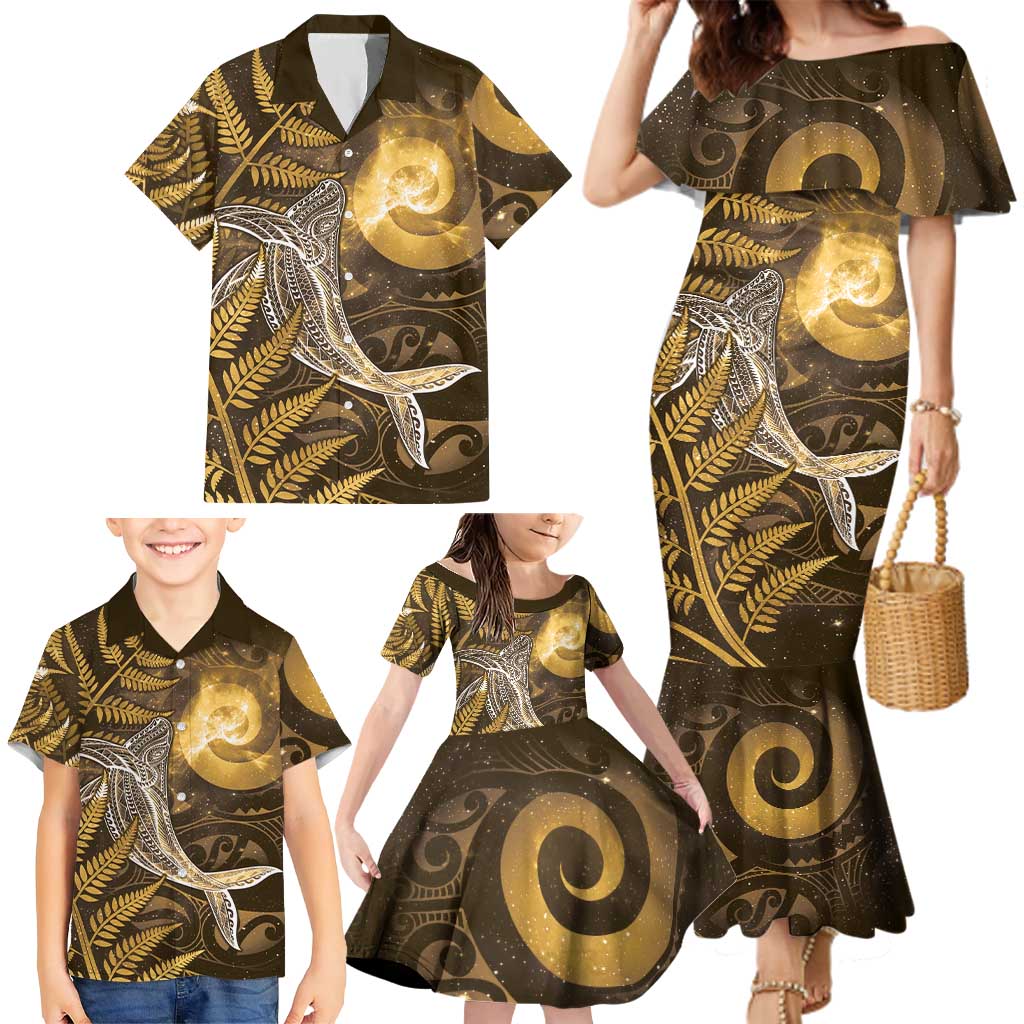 New Zealand Matariki Family Matching Mermaid Dress and Hawaiian Shirt Maori Koru With Humpback Whale Gold