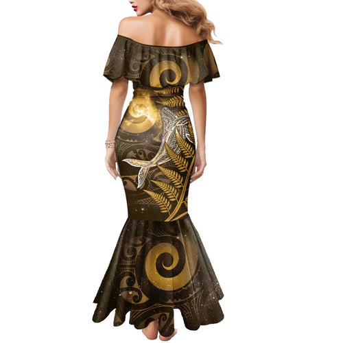 New Zealand Matariki Family Matching Mermaid Dress and Hawaiian Shirt Maori Koru With Humpback Whale Gold