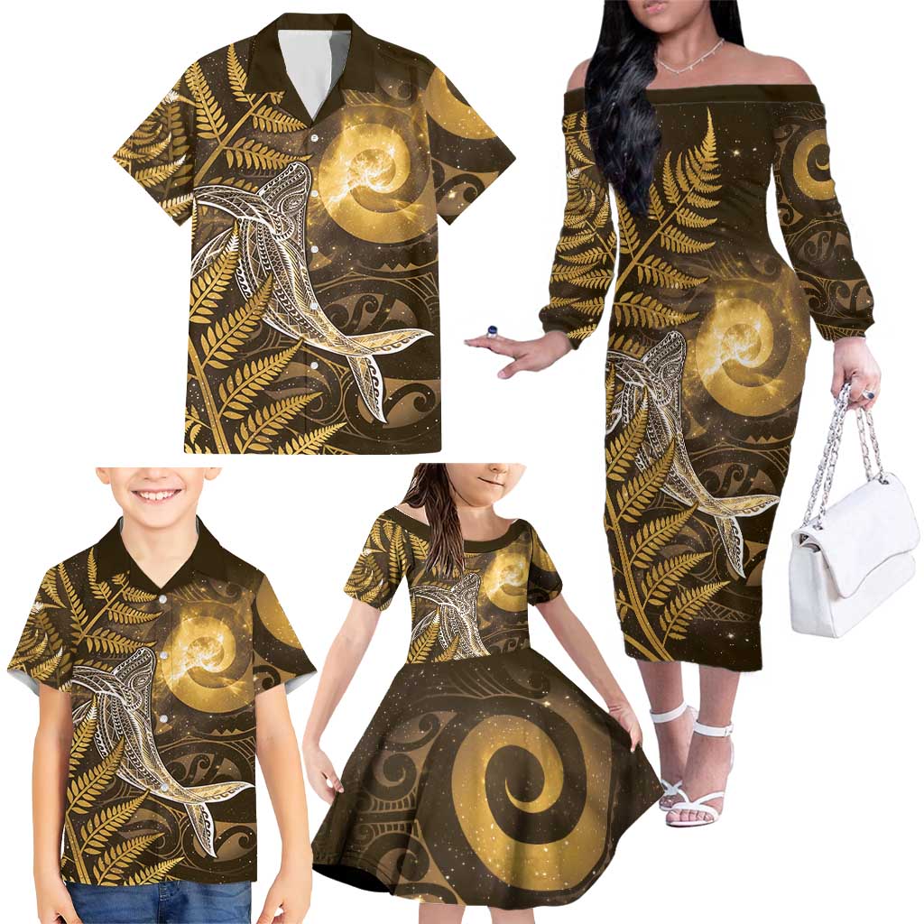 New Zealand Matariki Family Matching Off The Shoulder Long Sleeve Dress and Hawaiian Shirt Maori Koru With Humpback Whale Gold