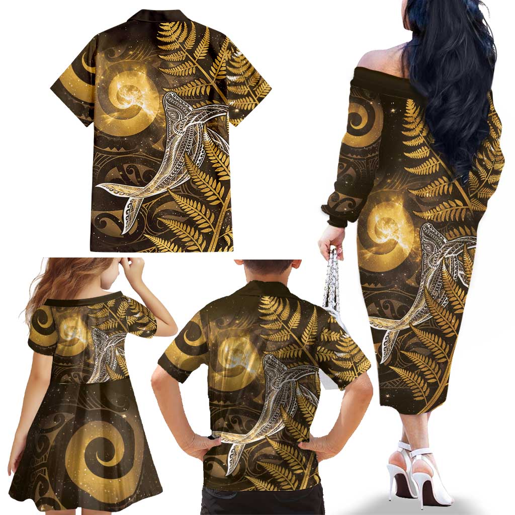 New Zealand Matariki Family Matching Off The Shoulder Long Sleeve Dress and Hawaiian Shirt Maori Koru With Humpback Whale Gold