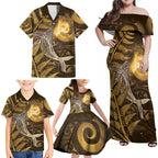 New Zealand Matariki Family Matching Off Shoulder Maxi Dress and Hawaiian Shirt Maori Koru With Humpback Whale Gold