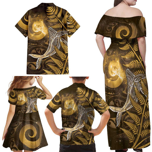 New Zealand Matariki Family Matching Off Shoulder Maxi Dress and Hawaiian Shirt Maori Koru With Humpback Whale Gold