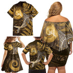 New Zealand Matariki Family Matching Off Shoulder Short Dress and Hawaiian Shirt Maori Koru With Humpback Whale Gold