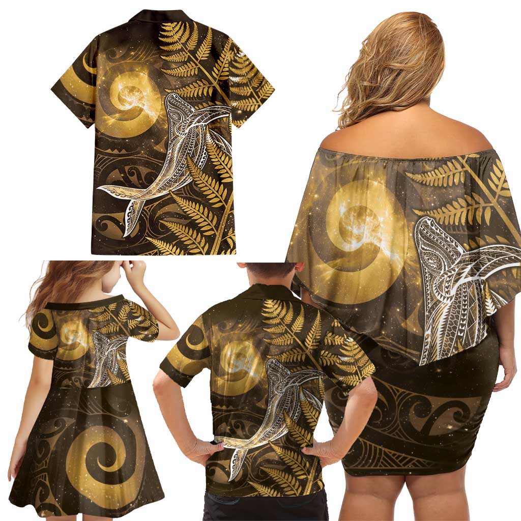 New Zealand Matariki Family Matching Off Shoulder Short Dress and Hawaiian Shirt Maori Koru With Humpback Whale Gold