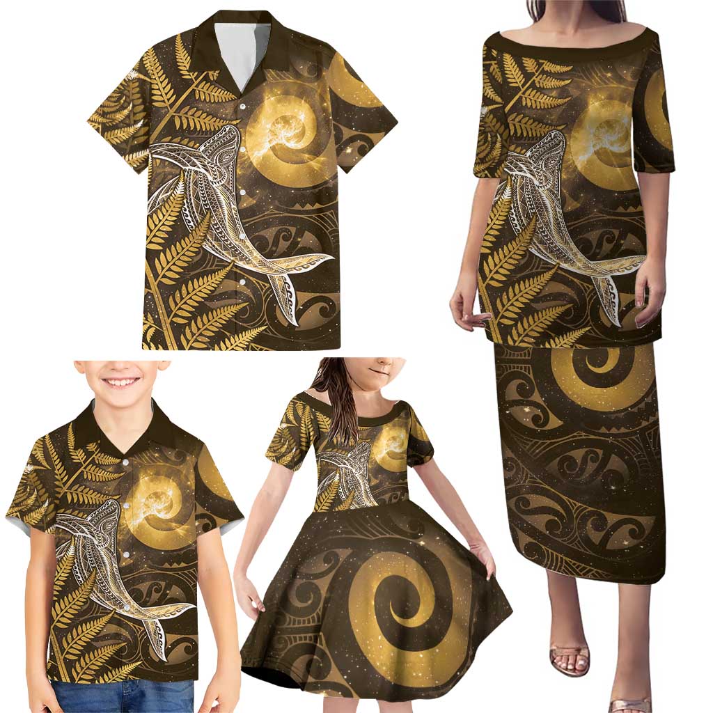 New Zealand Matariki Family Matching Puletasi and Hawaiian Shirt Maori Koru With Humpback Whale Gold