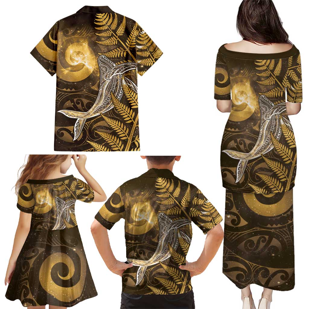 New Zealand Matariki Family Matching Puletasi and Hawaiian Shirt Maori Koru With Humpback Whale Gold