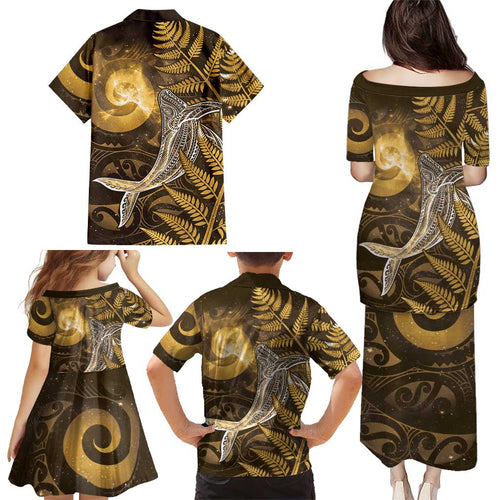 New Zealand Matariki Family Matching Puletasi and Hawaiian Shirt Maori Koru With Humpback Whale Gold
