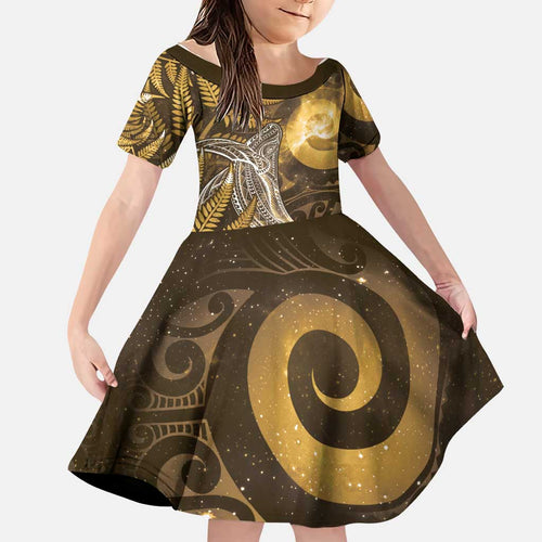 New Zealand Matariki Family Matching Short Sleeve Bodycon Dress and Hawaiian Shirt Maori Koru With Humpback Whale Gold