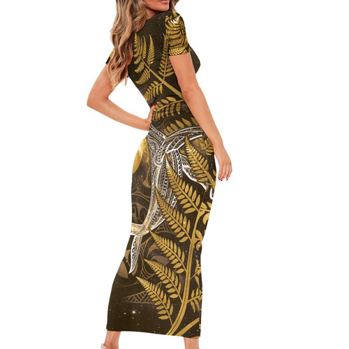 New Zealand Matariki Family Matching Short Sleeve Bodycon Dress and Hawaiian Shirt Maori Koru With Humpback Whale Gold