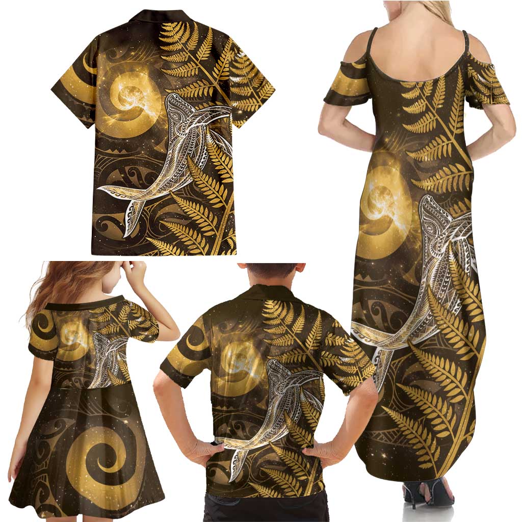 New Zealand Matariki Family Matching Summer Maxi Dress and Hawaiian Shirt Maori Koru With Humpback Whale Gold