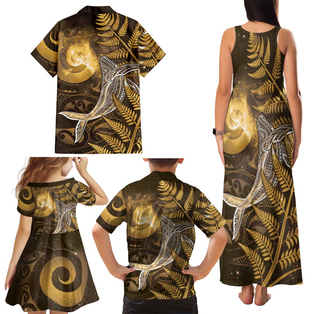 New Zealand Matariki Family Matching Tank Maxi Dress and Hawaiian Shirt Maori Koru With Humpback Whale Gold