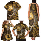 New Zealand Matariki Family Matching Tank Maxi Dress and Hawaiian Shirt Maori Koru With Humpback Whale Gold