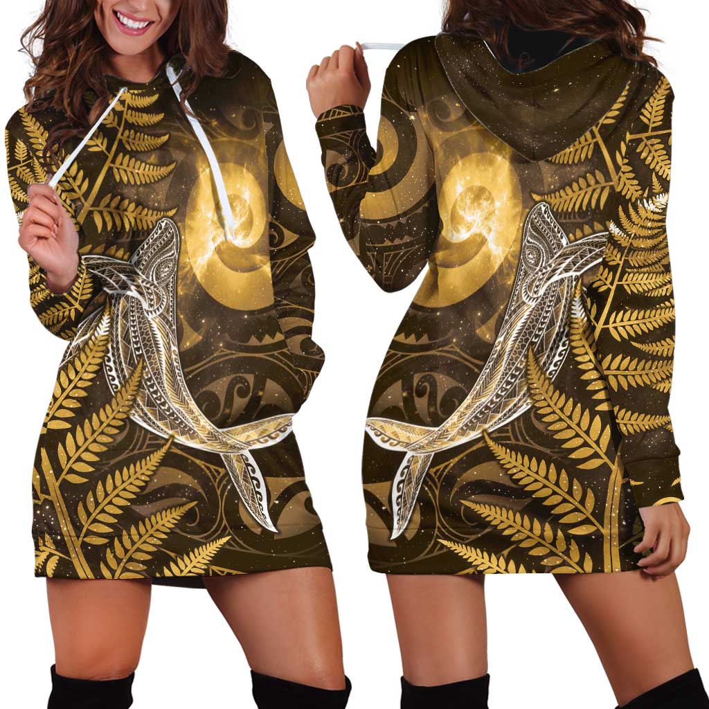 New Zealand Matariki Hoodie Dress Maori Koru With Humpback Whale Gold