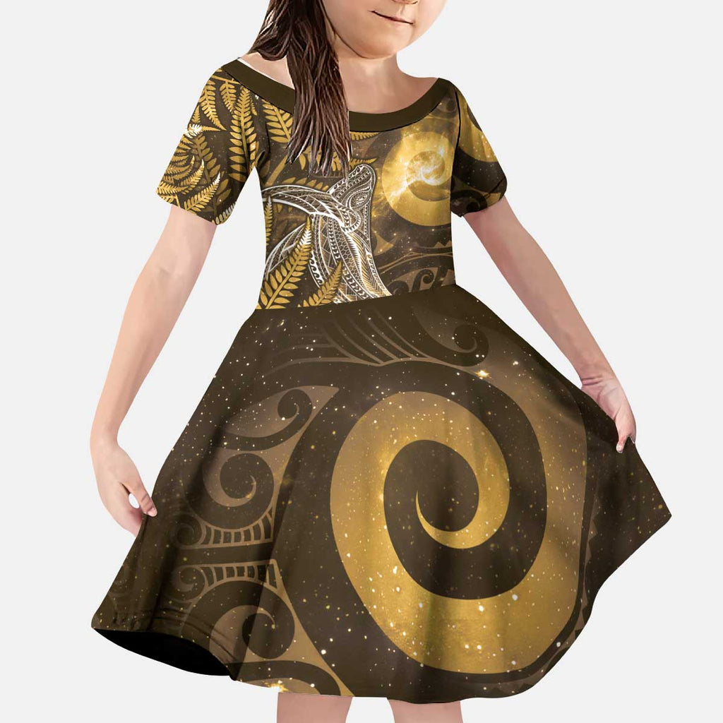 New Zealand Matariki Kid Short Sleeve Dress Maori Koru With Humpback Whale Gold