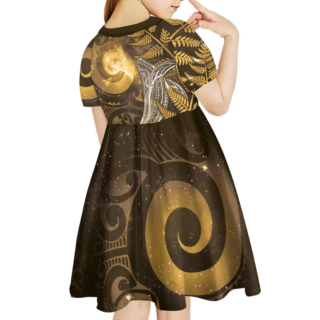 New Zealand Matariki Kid Short Sleeve Dress Maori Koru With Humpback Whale Gold