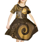 New Zealand Matariki Kid Short Sleeve Dress Maori Koru With Humpback Whale Gold