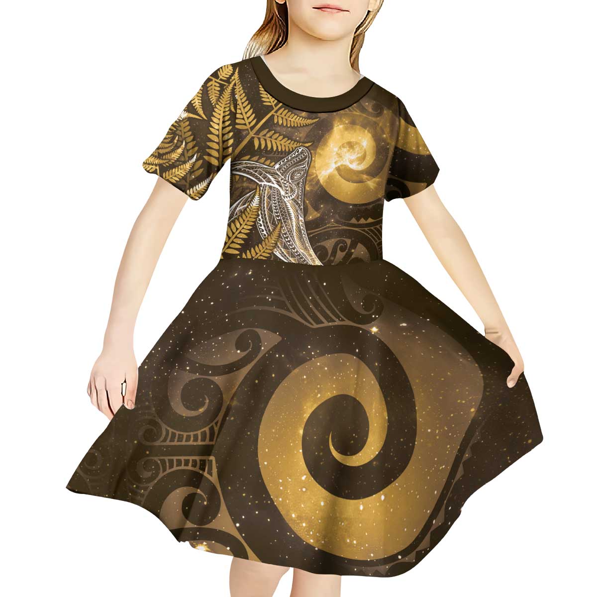 New Zealand Matariki Kid Short Sleeve Dress Maori Koru With Humpback Whale Gold
