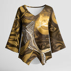 New Zealand Matariki Kimono Sleeve Blouse Maori Koru With Humpback Whale Gold