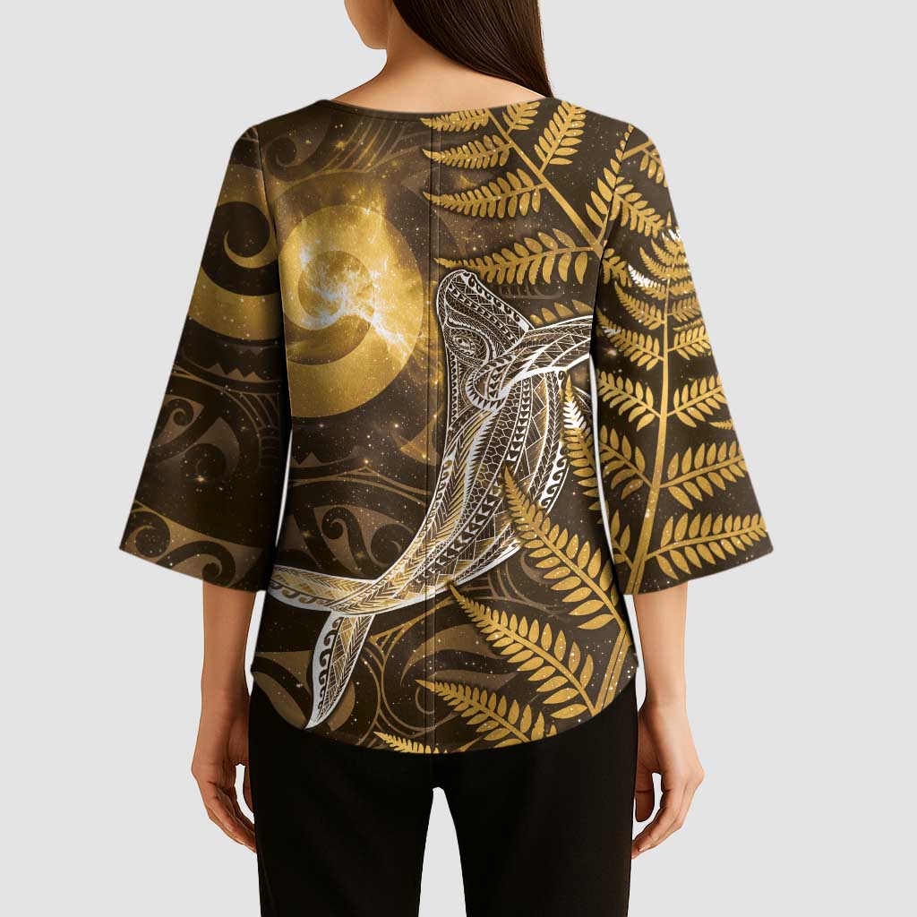 New Zealand Matariki Kimono Sleeve Blouse Maori Koru With Humpback Whale Gold