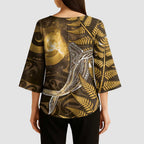 New Zealand Matariki Kimono Sleeve Blouse Maori Koru With Humpback Whale Gold