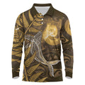 New Zealand Matariki Long Sleeve Polo Shirt Maori Koru With Humpback Whale Gold