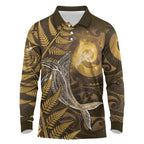 New Zealand Matariki Long Sleeve Polo Shirt Maori Koru With Humpback Whale Gold