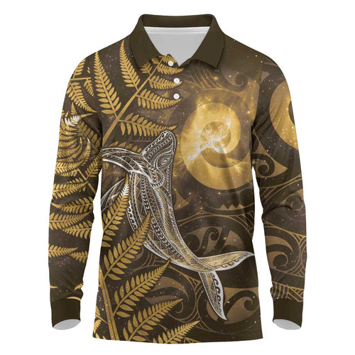 New Zealand Matariki Long Sleeve Polo Shirt Maori Koru With Humpback Whale Gold