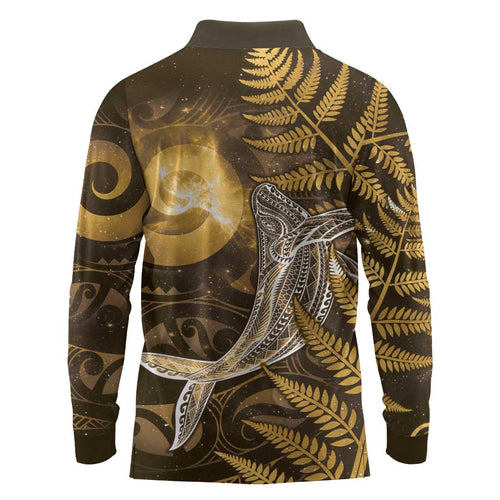 New Zealand Matariki Long Sleeve Polo Shirt Maori Koru With Humpback Whale Gold