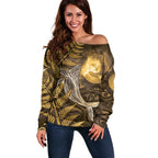 New Zealand Matariki Off Shoulder Sweater Maori Koru With Humpback Whale Gold