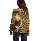 New Zealand Matariki Off Shoulder Sweater Maori Koru With Humpback Whale Gold