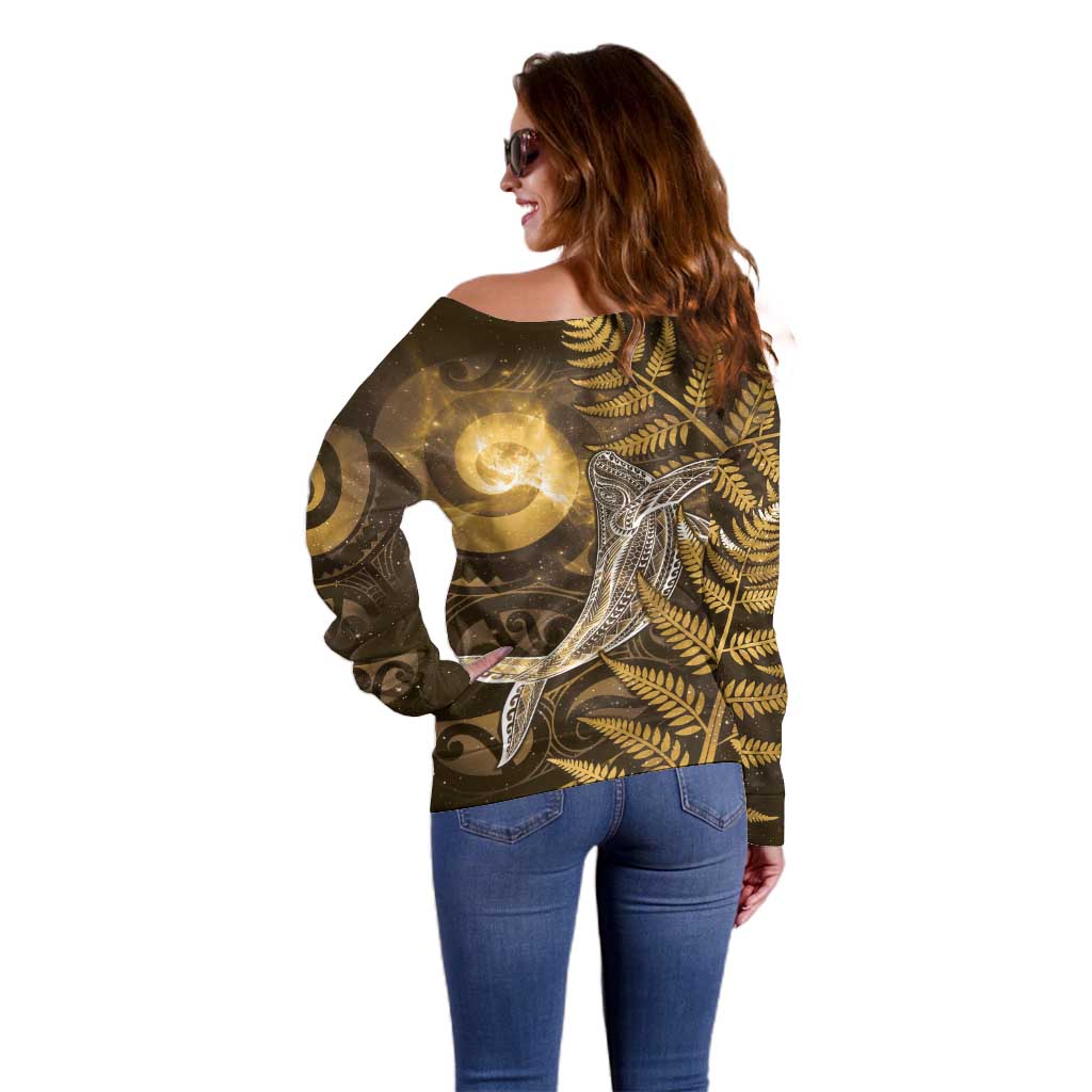 New Zealand Matariki Off Shoulder Sweater Maori Koru With Humpback Whale Gold