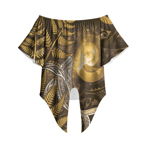 New Zealand Matariki Off Shoulder Wrap Waist Top Maori Koru With Humpback Whale Gold